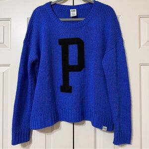 PINK Victoria's Secret Varsity P Logo Sweater Size Medium Blue Chunky Wool Blend